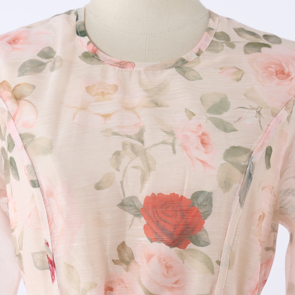 Niche silk pinched waist flax printing dress