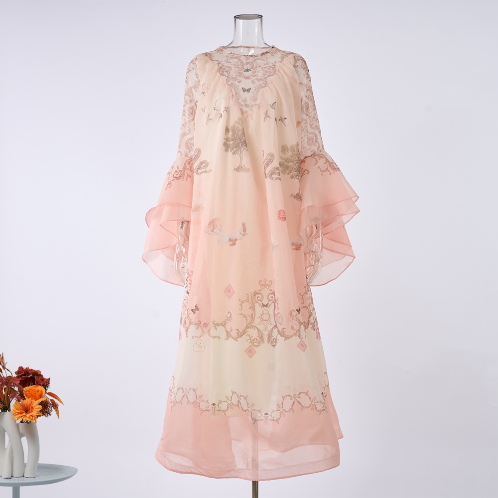 Autumn map real silk long printing dress