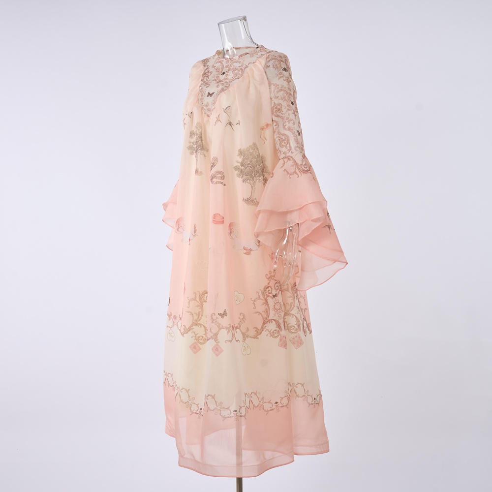 Autumn map real silk long printing dress