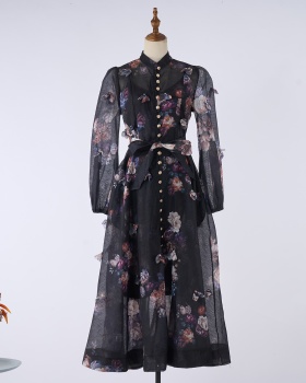 Lantern sleeve long fashion light luxury single-breasted dress