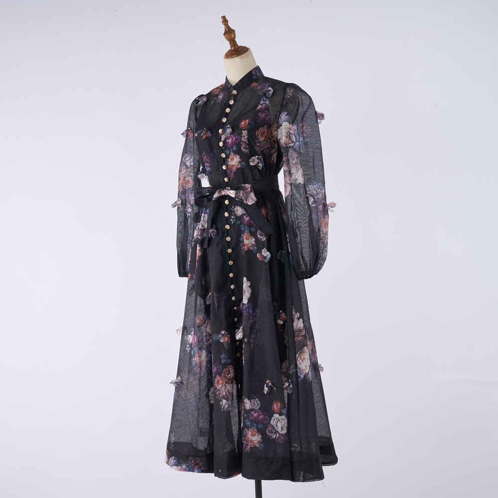Lantern sleeve long fashion light luxury single-breasted dress