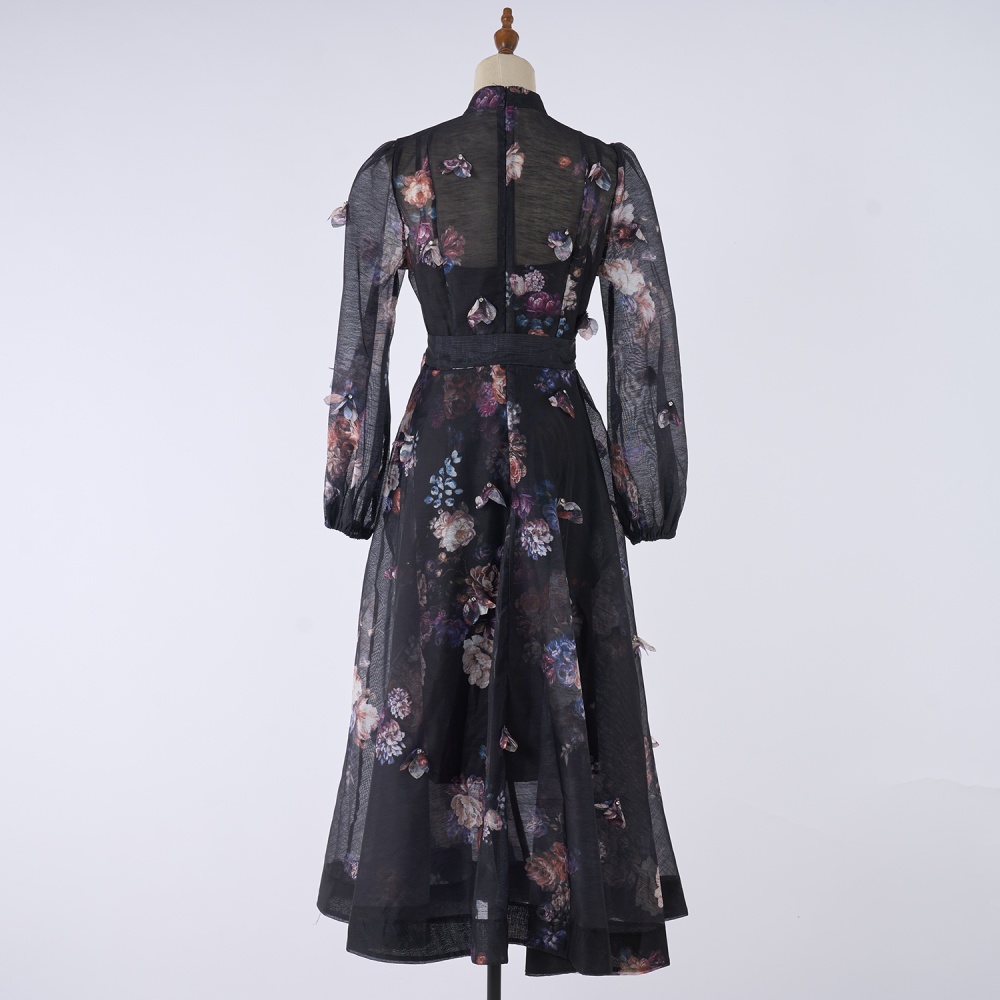 Lantern sleeve long fashion light luxury single-breasted dress