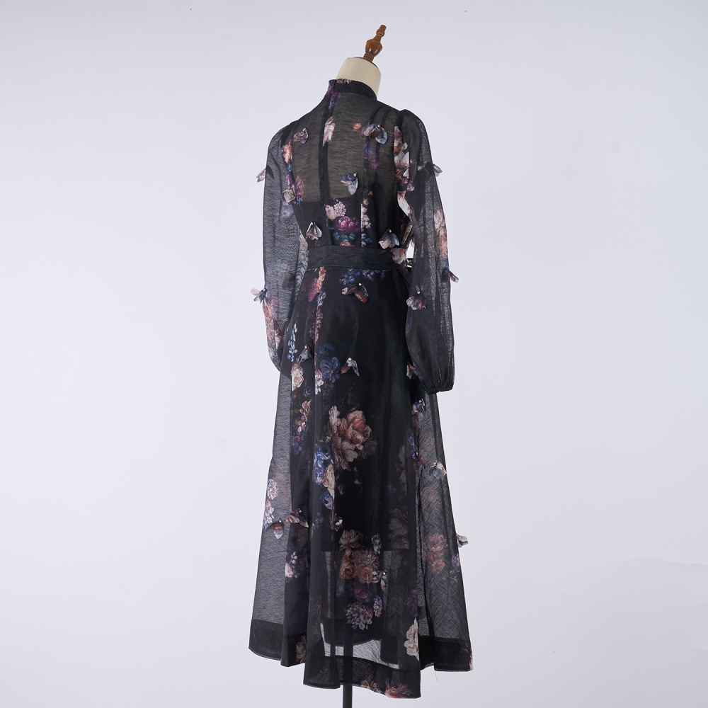 Lantern sleeve long fashion light luxury single-breasted dress