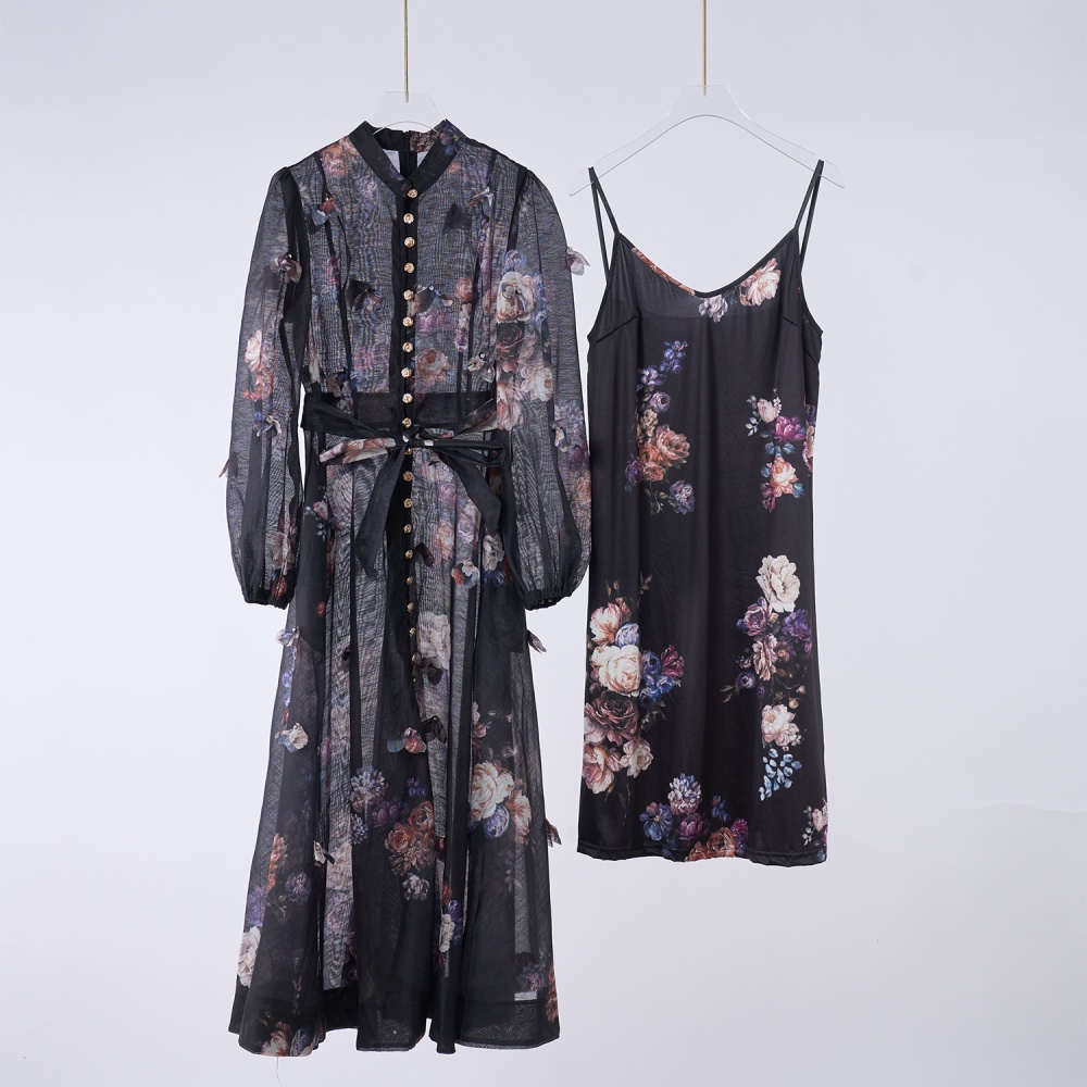 Lantern sleeve long fashion light luxury single-breasted dress