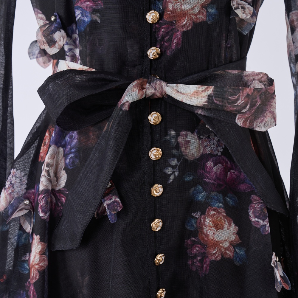 Lantern sleeve long fashion light luxury single-breasted dress