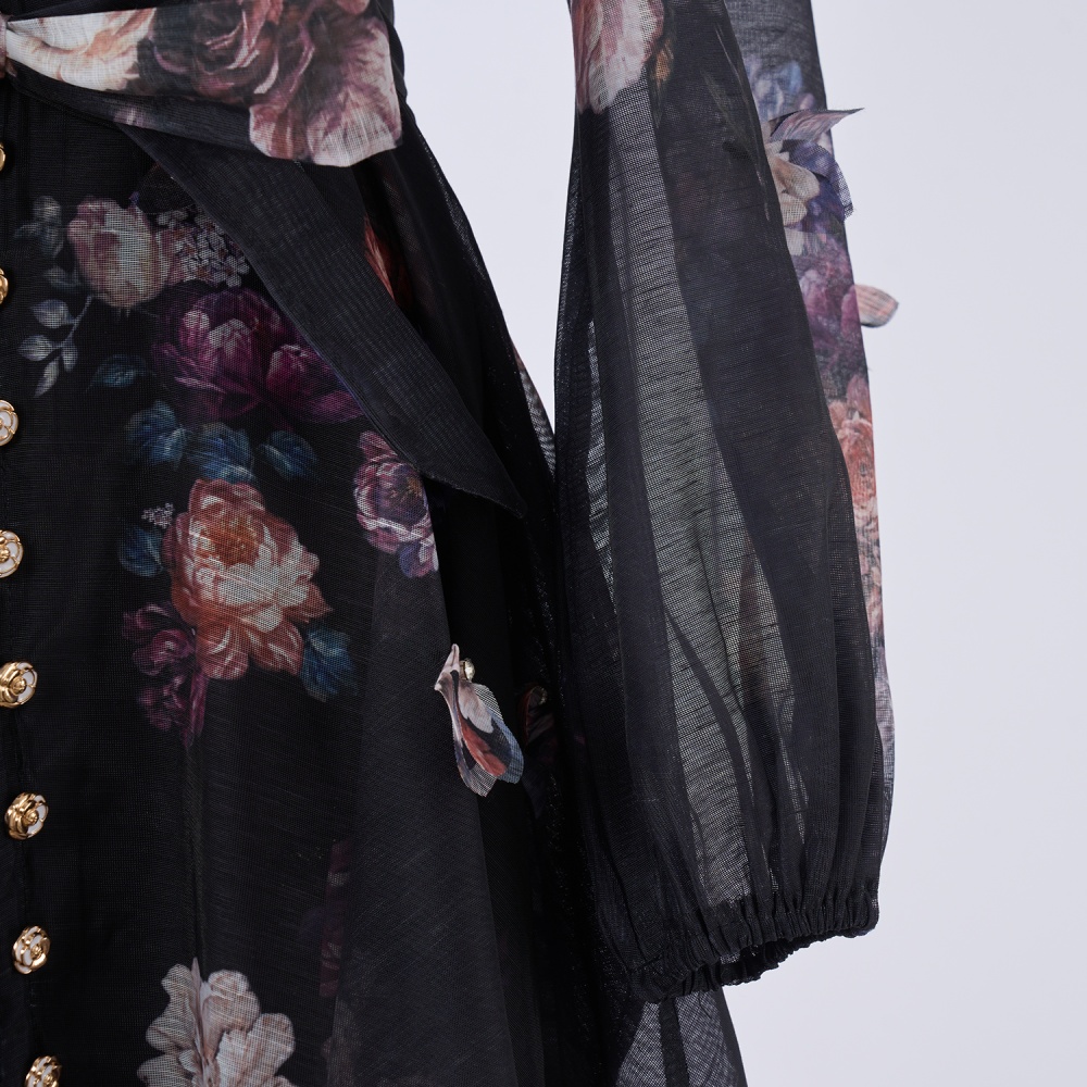 Lantern sleeve long fashion light luxury single-breasted dress