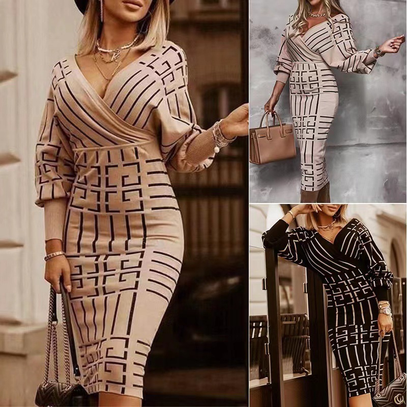 Long V-neck sweater dress long sleeve dress for women