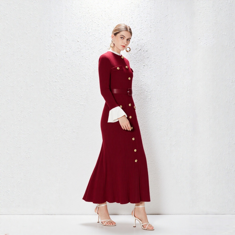 Long knitted dress autumn and winter elegant belt