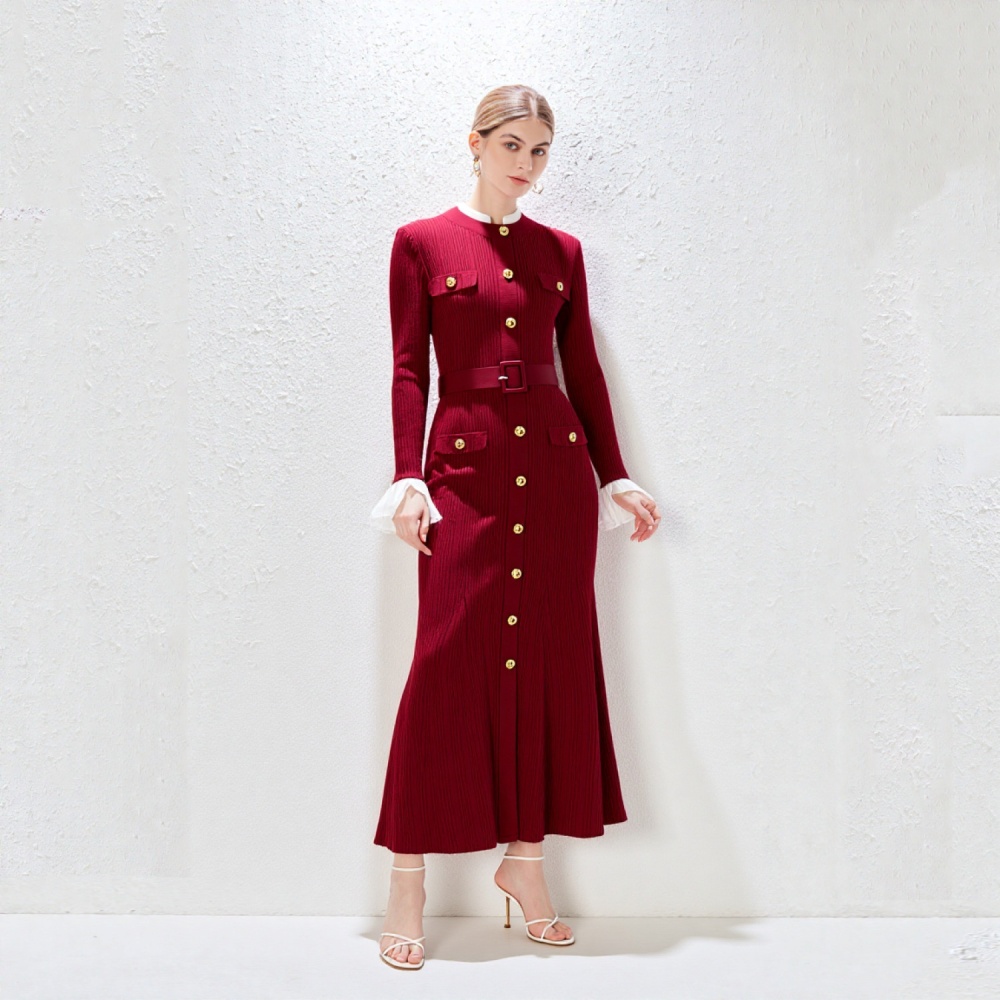 Long knitted dress autumn and winter elegant belt