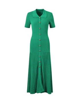 Pinched waist summer lapel long dress knitted big skirt dress
