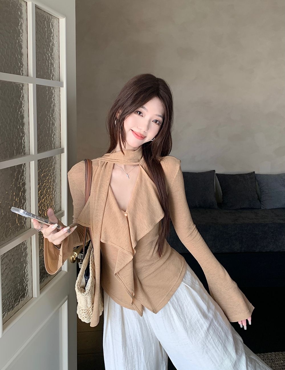 Niche autumn slim tops long sleeve V-neck T-shirt