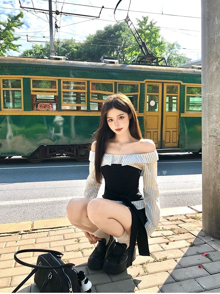 Long sleeve flat shoulder shirt bandage tops