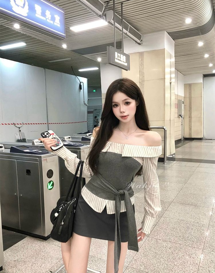 Long sleeve flat shoulder shirt bandage tops