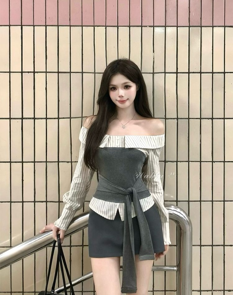 Long sleeve flat shoulder shirt bandage tops