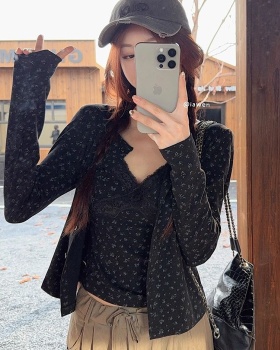 Slim floral cardigan black coat 2pcs set for women