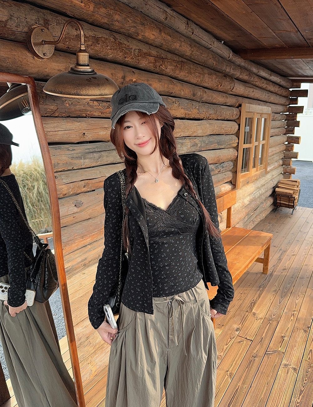 Slim floral cardigan black coat 2pcs set for women