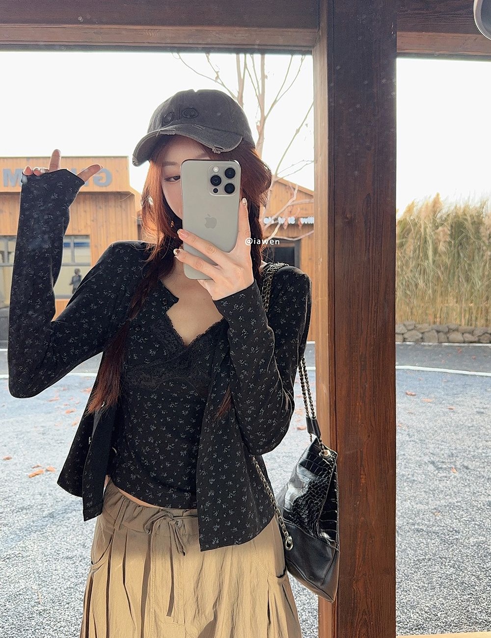 Slim floral cardigan black coat 2pcs set for women