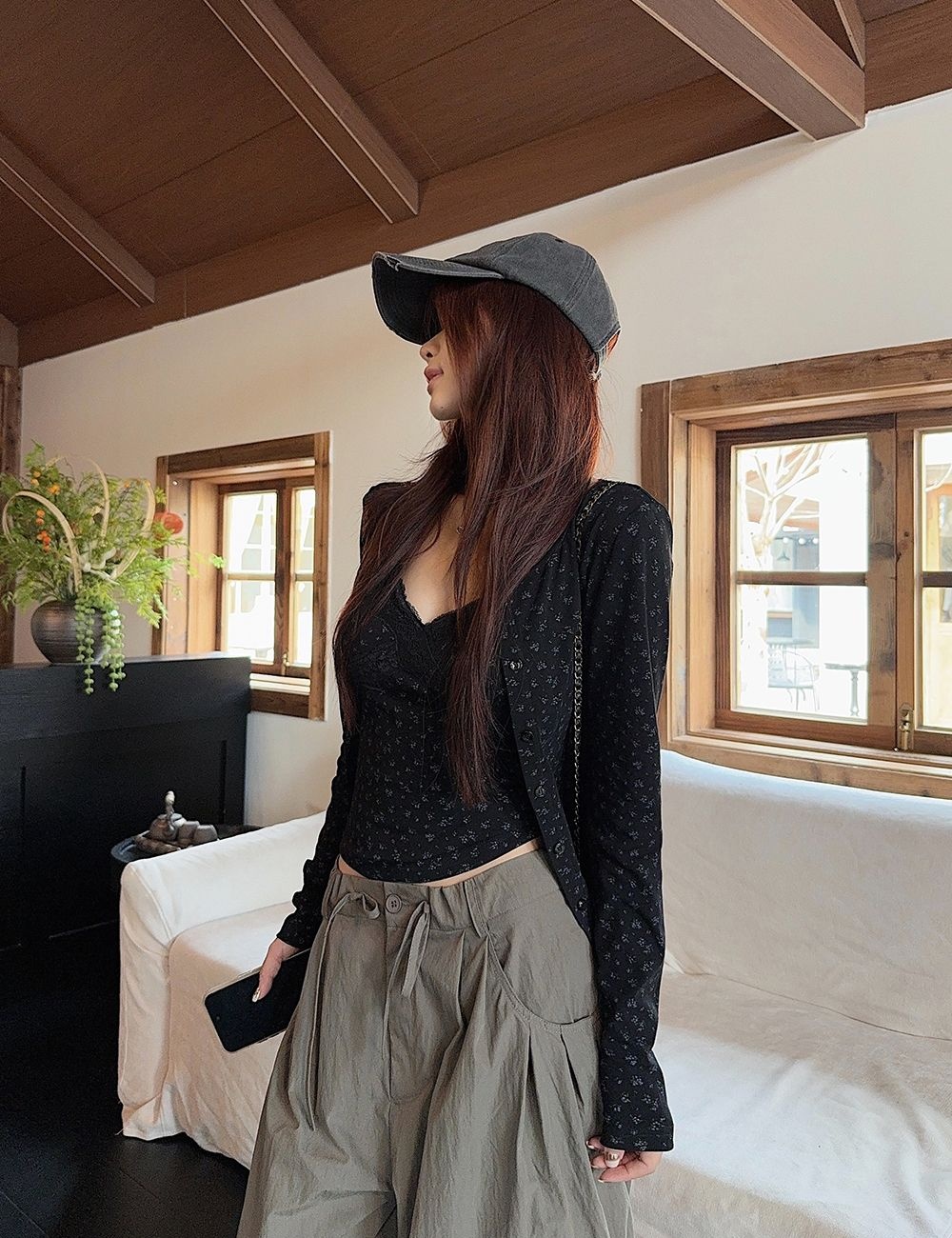 Slim floral cardigan black coat 2pcs set for women