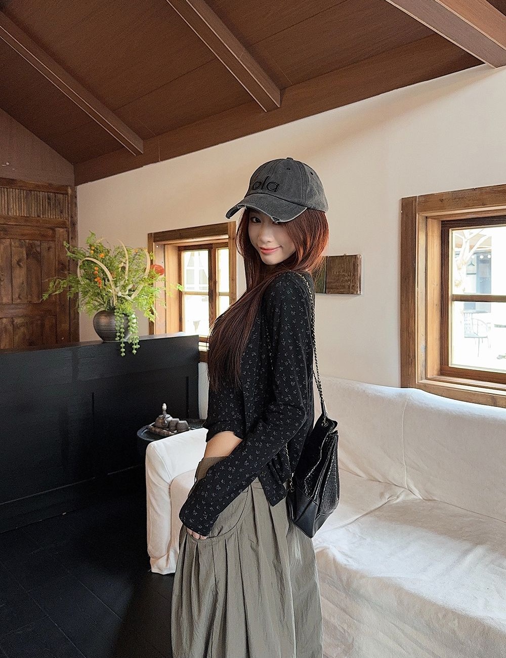 Slim floral cardigan black coat 2pcs set for women