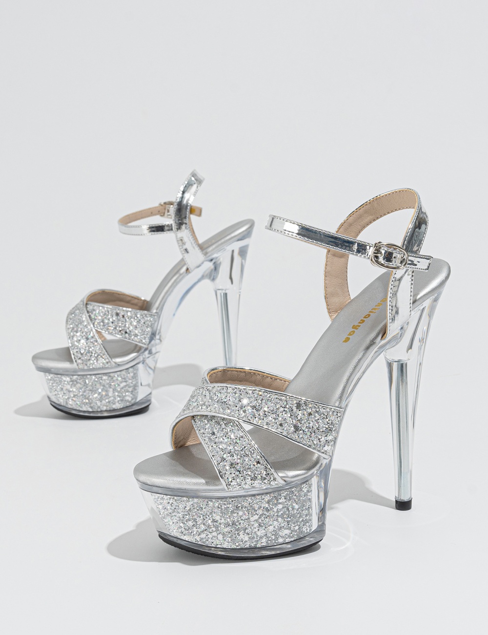 Sequins fish mouth sandals transparent fine-root shoes for women