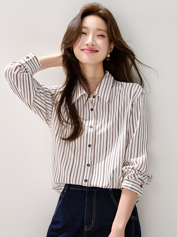 Stripe long sleeve tops slim shirt for women