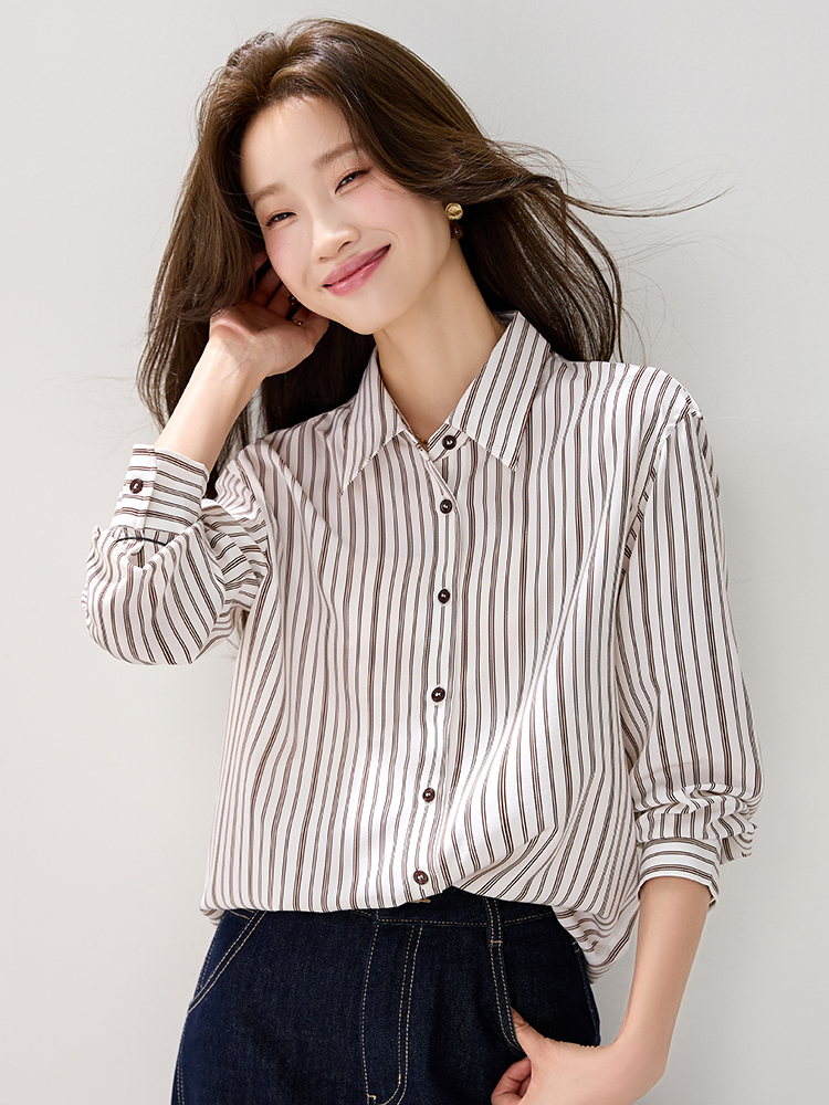 Stripe long sleeve tops slim shirt for women