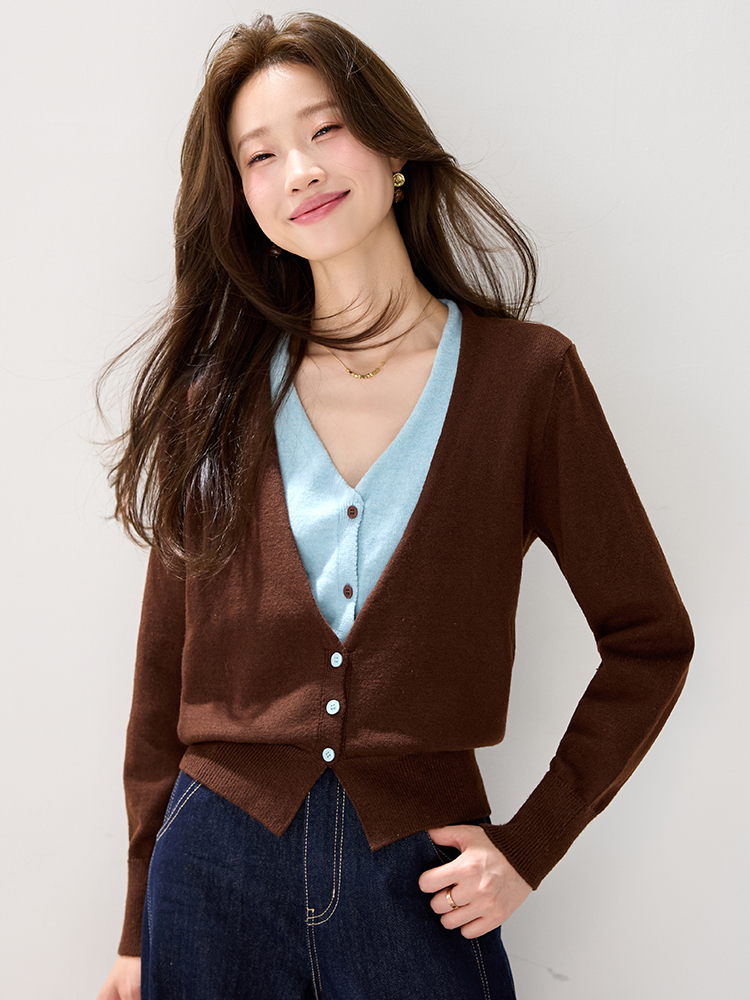 Western style mixed colors cardigan Pseudo-two tops