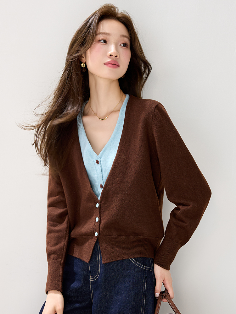 Western style mixed colors cardigan Pseudo-two tops