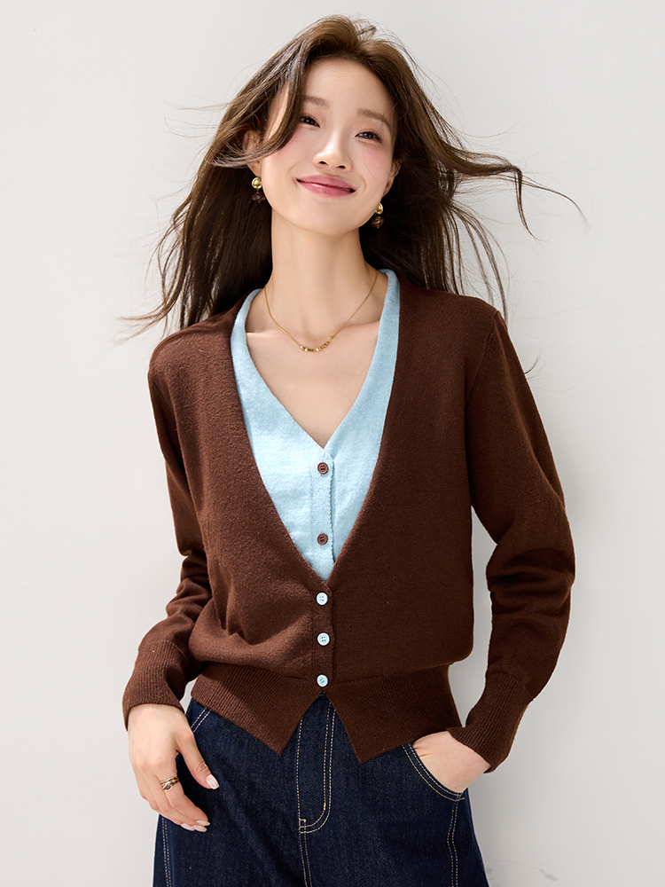 Western style mixed colors cardigan Pseudo-two tops