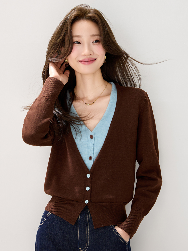 Western style mixed colors cardigan Pseudo-two tops