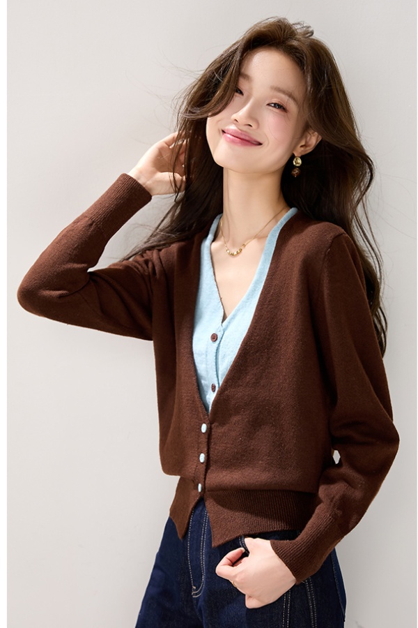 Western style mixed colors cardigan Pseudo-two tops