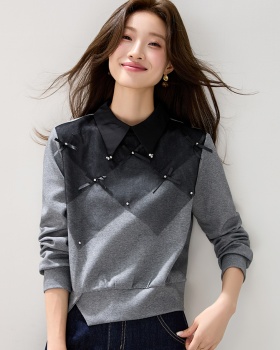 Bow France style autumn hoodie gauze mixed colors tops