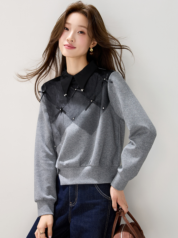 Bow France style autumn hoodie gauze mixed colors tops