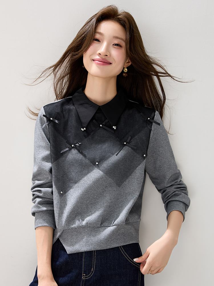 Bow France style autumn hoodie gauze mixed colors tops