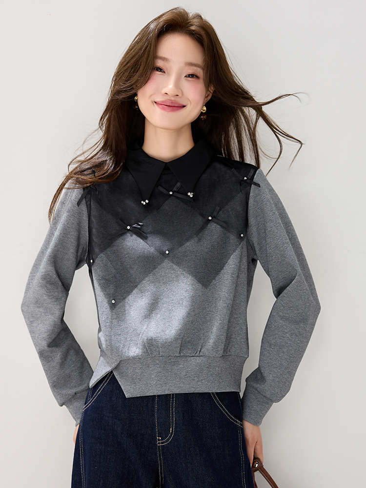Bow France style autumn hoodie gauze mixed colors tops