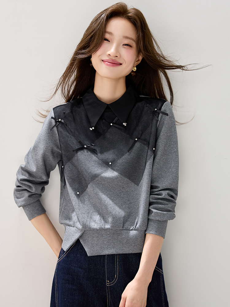 Bow France style autumn hoodie gauze mixed colors tops