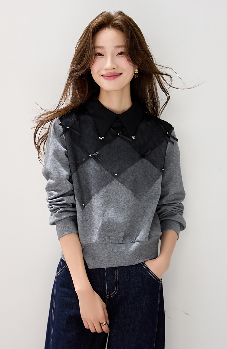 Bow France style autumn hoodie gauze mixed colors tops