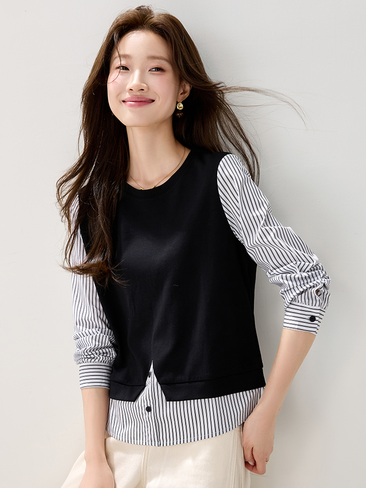 Casual stripe hoodie long sleeve splice tops