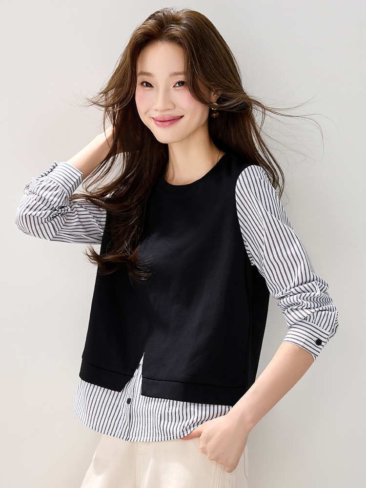 Casual stripe hoodie long sleeve splice tops