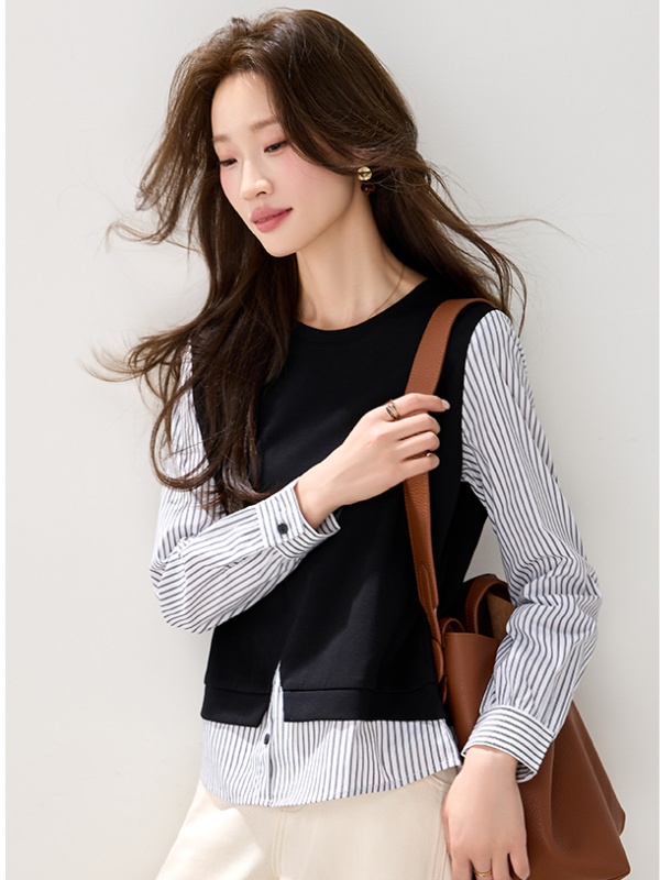 Casual stripe hoodie long sleeve splice tops