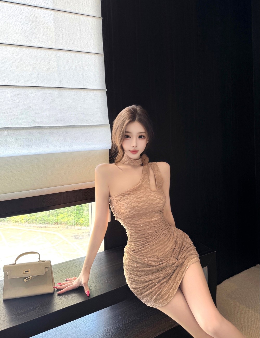 Sloping shoulder slim gauze halter hollow enticement dress