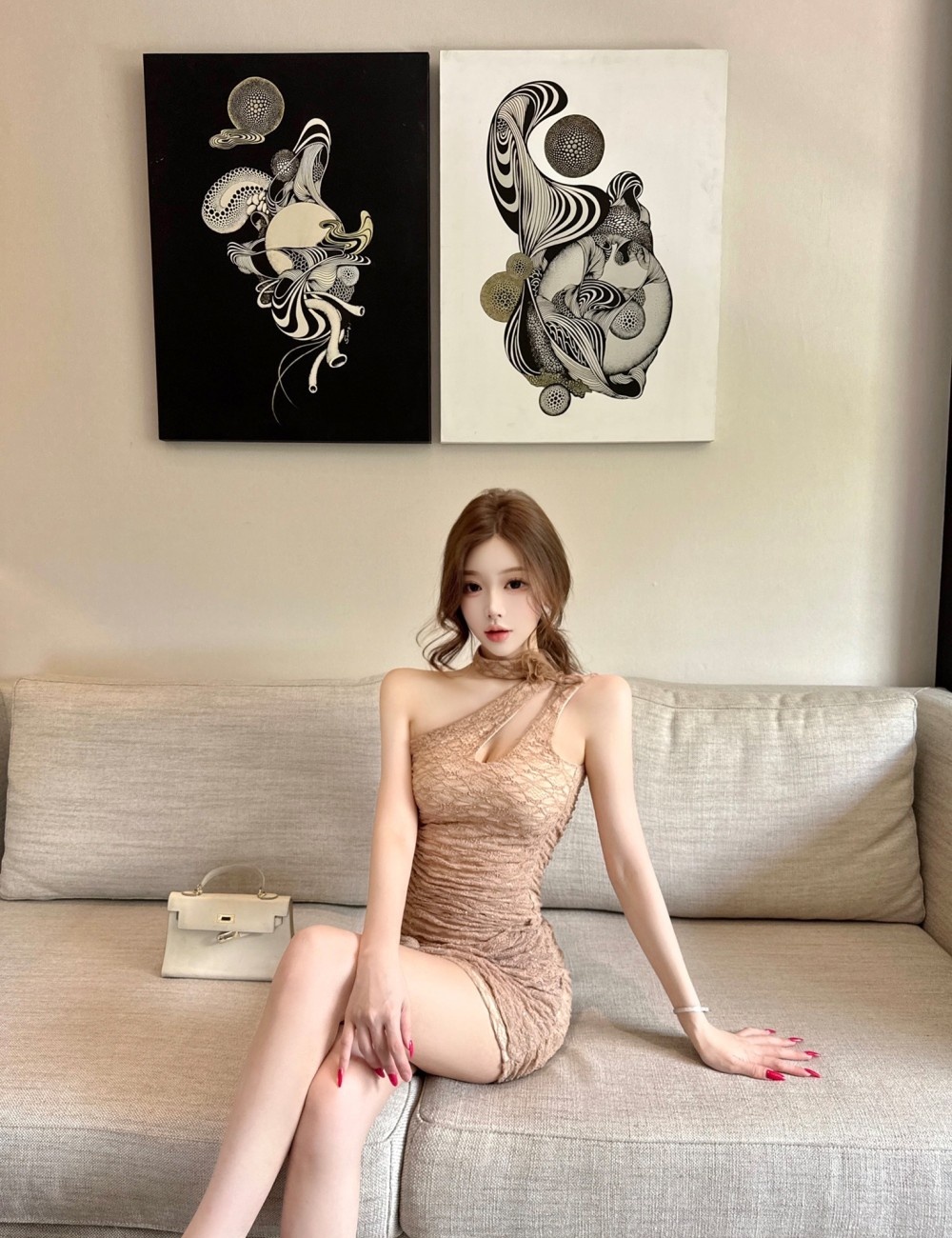 Sloping shoulder slim gauze halter hollow enticement dress
