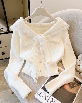 Knitted butterfly knot navy cardigan pure lace one-piece