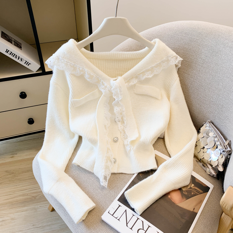 Knitted butterfly knot navy cardigan pure lace one-piece