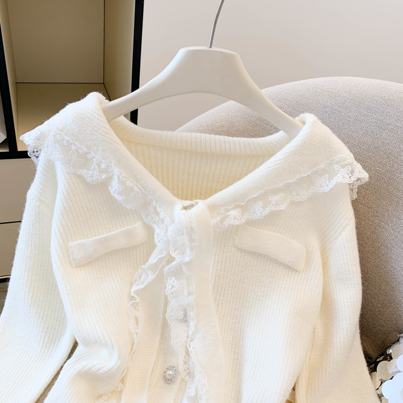Knitted butterfly knot navy cardigan pure lace one-piece