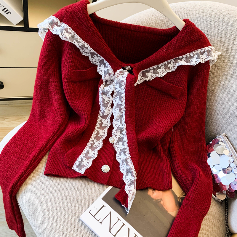 Knitted butterfly knot navy cardigan pure lace one-piece
