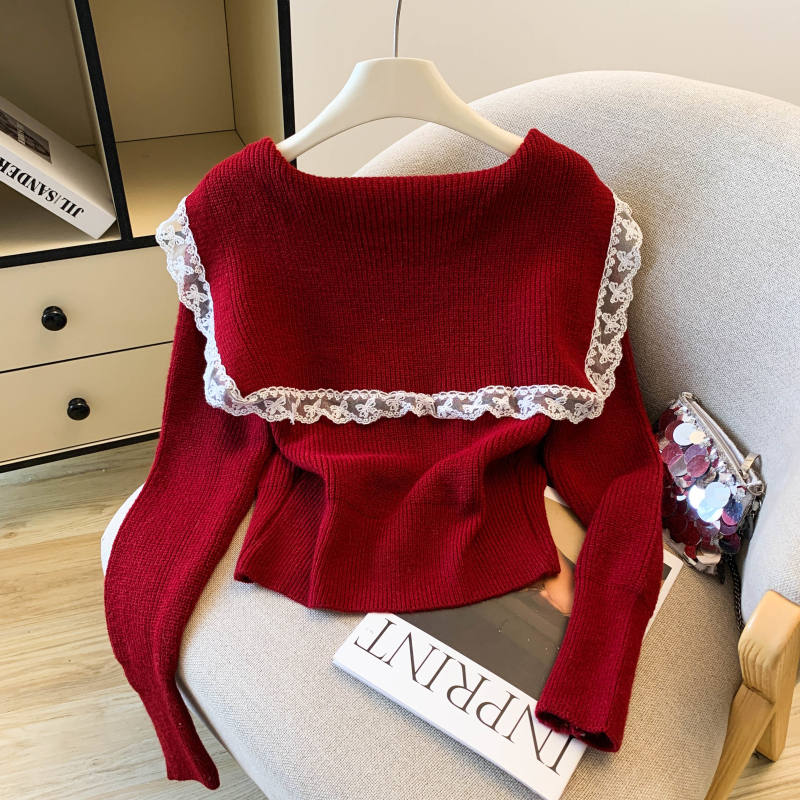Knitted butterfly knot navy cardigan pure lace one-piece
