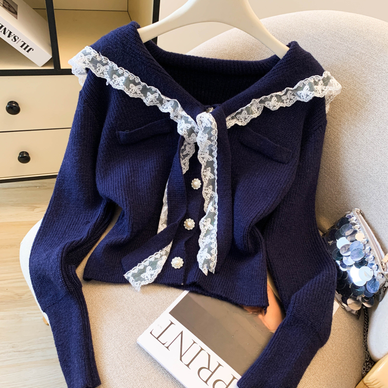 Knitted butterfly knot navy cardigan pure lace one-piece