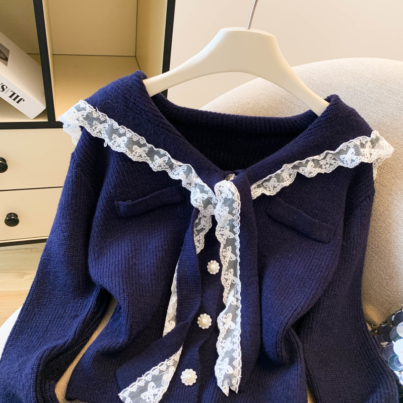 Knitted butterfly knot navy cardigan pure lace one-piece