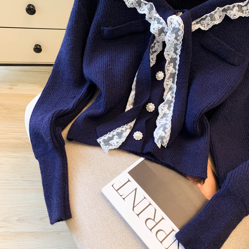 Knitted butterfly knot navy cardigan pure lace one-piece